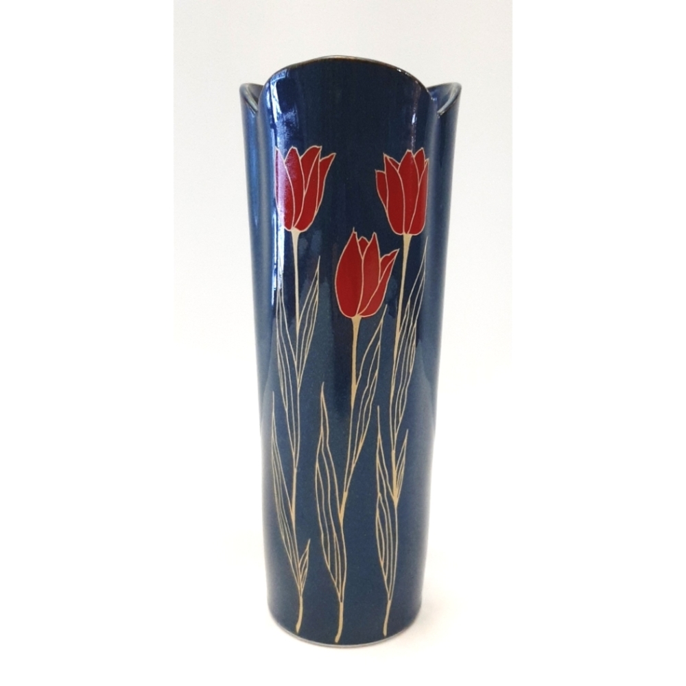 Vintage Otagiri Japanese Vase, Speckled Blue, Red and Gold, 8.5"